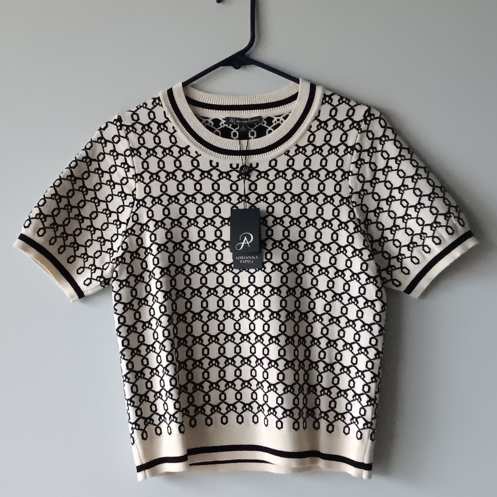 Adrianna Papell Knit Crewneck Short Sleeve Sweater Cream Black